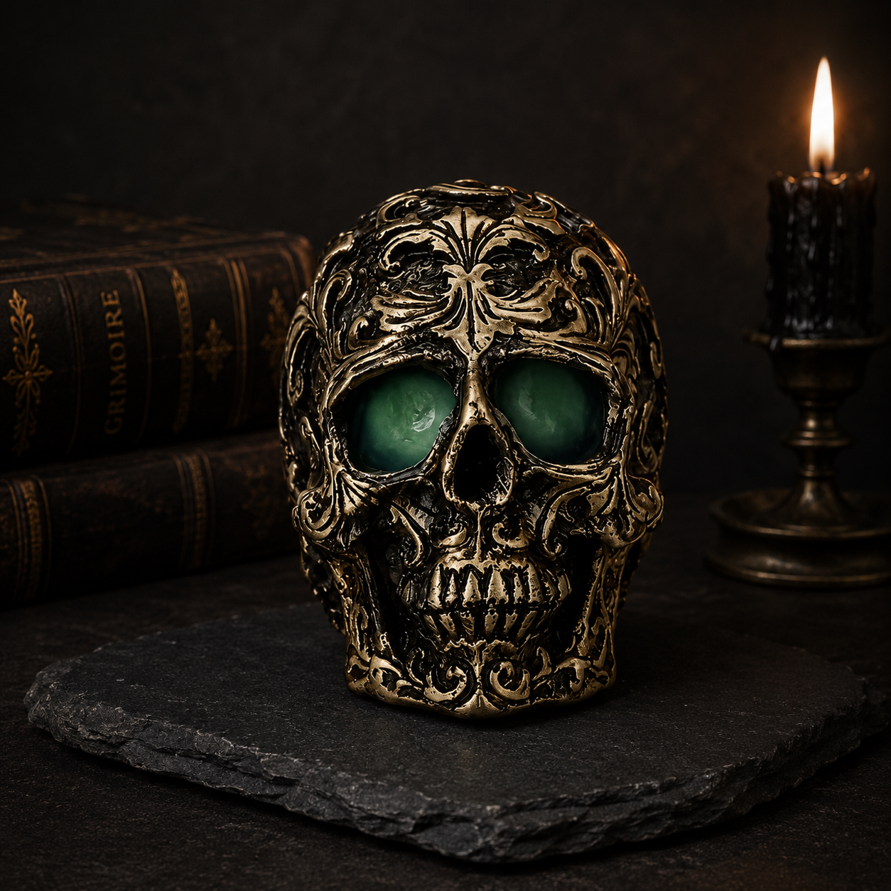 Verzierter Totenkopf – schwarz-gold