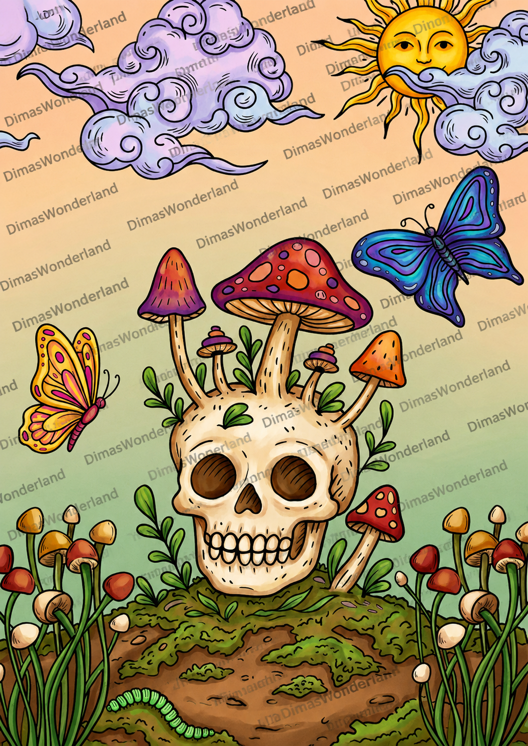 Skull mit Pilzen - Ausmalbild