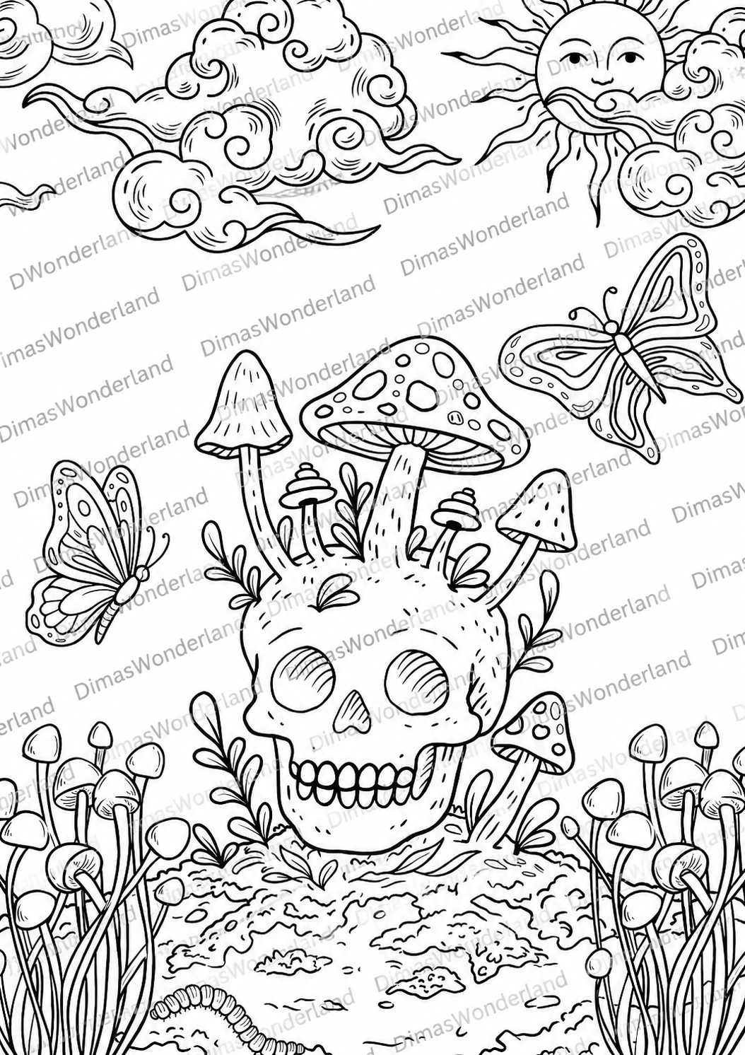 Skull mit Pilzen - Ausmalbild