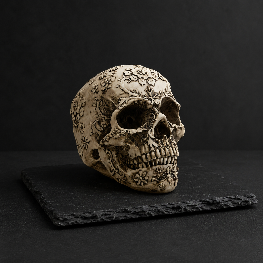 Dekorativer Totenkopf mit floralen Verzierungen